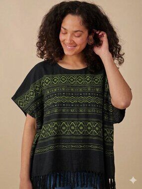 Mexican Handmade Poncho Top Boho Fringe Huipil Blouse One Size Huipil Festival
